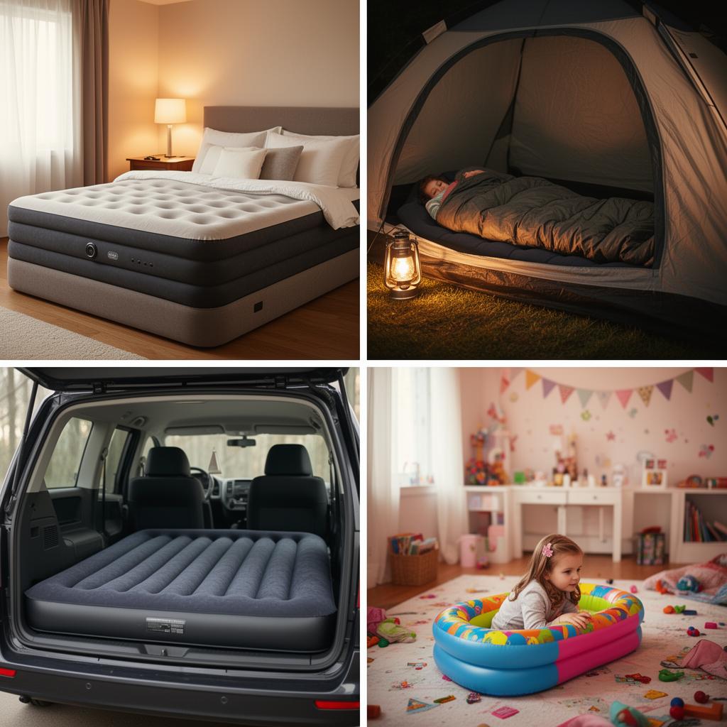 Verschiedene Luftbett-Anwendungen: Gästebett im Schlafzimmer, Camping im Zelt, Auto-Camping und Kinder-Übernachtung