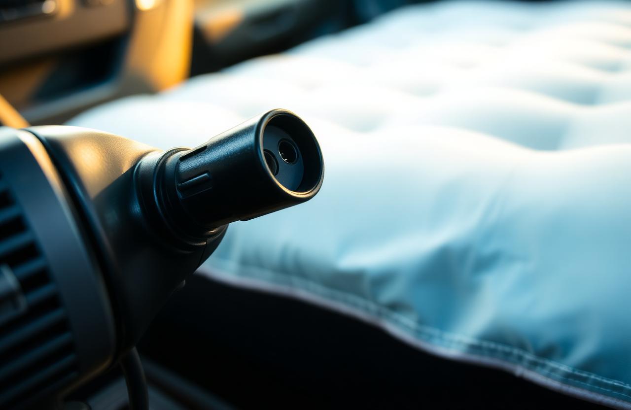12V-Pumpe für Auto-Luftbett am Zigarettenanzünder, im Hintergrund halb aufgepumpte Liegefläche