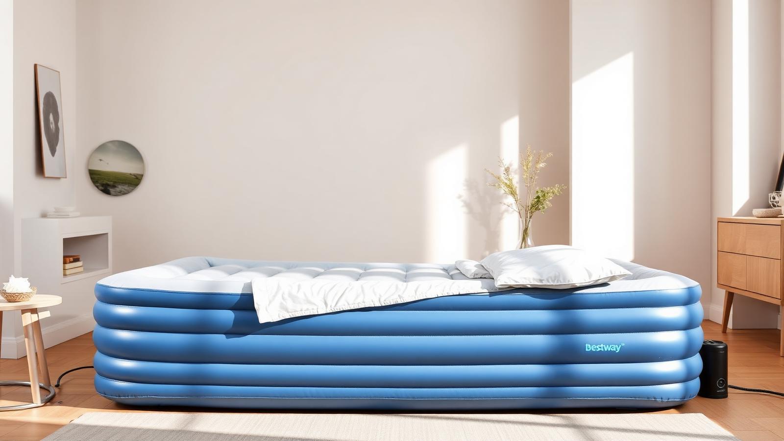 Aufgebautes Bestway Luftbett mit integrierter Pumpe in einem hellen Schlafzimmer