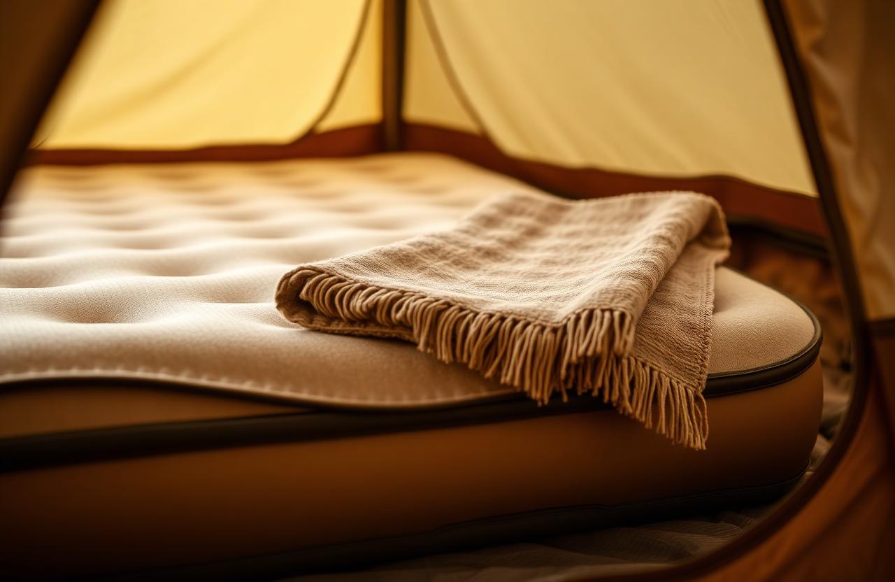 Beflocktes Camping-Luftbett mit gefalteter Wolldecke und Isomatte im Zelt, weiches Tageslicht