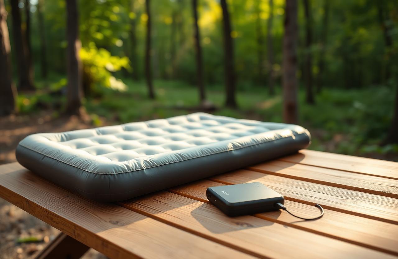 Camping-Luftbett mit USB-Pumpe und kompakter Powerbank auf einem Holz-Picknicktisch im Wald