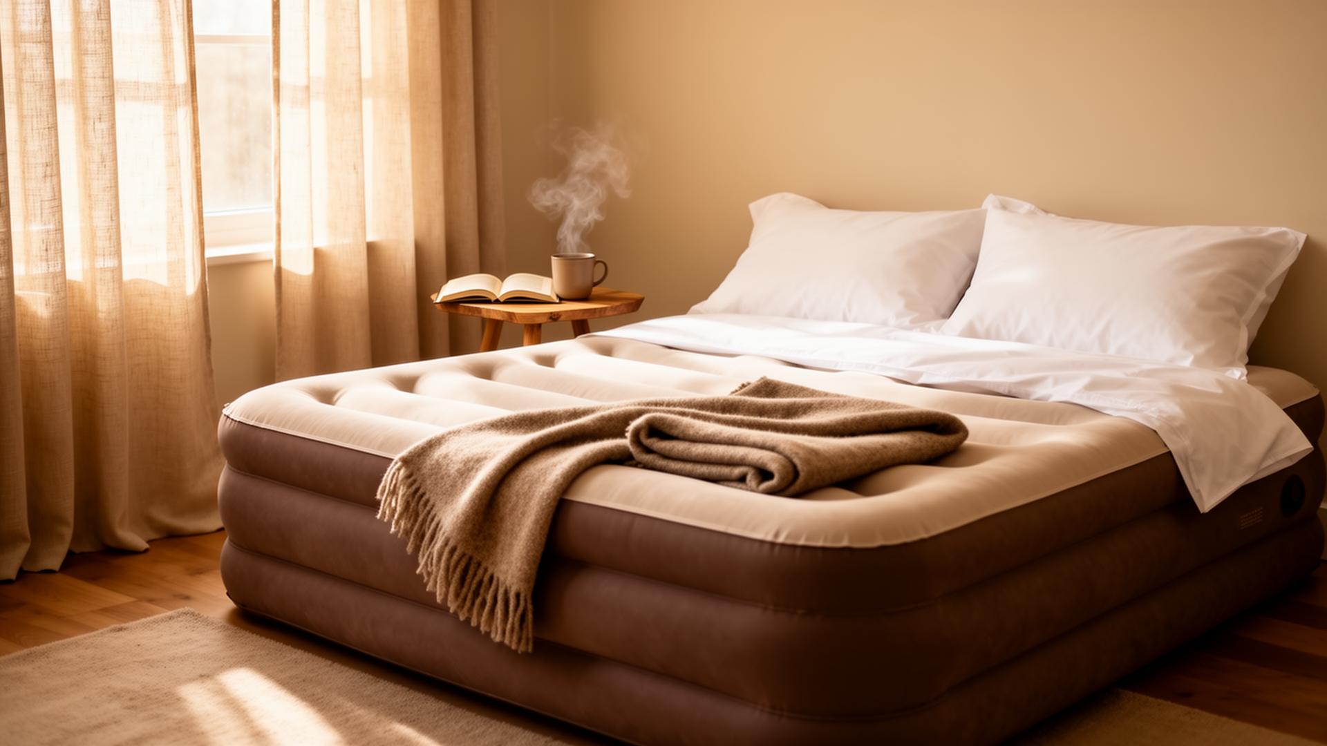 Frisch bezogenes Luftbett im warm beleuchteten Gästezimmer mit Wolldecke und Tasse