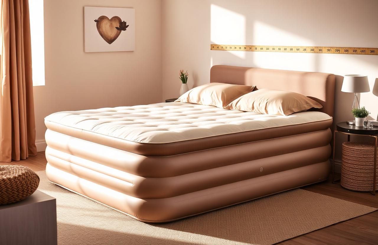 Hohes Intex Queen-Luftbett 203 × 152 × 46 cm mit beiger Bettwäsche und sichtbarem Maßband