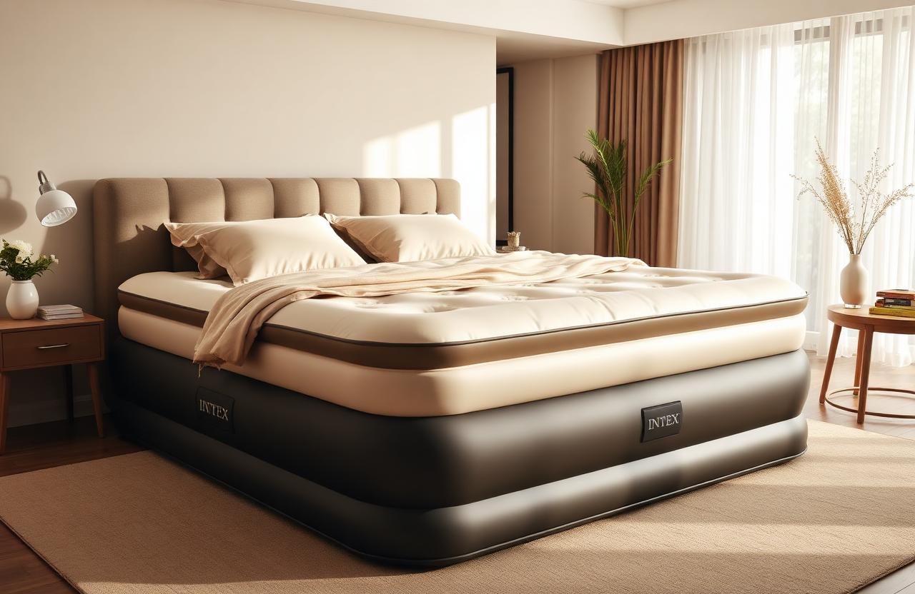 Intex Doppel-Luftbett mit integrierter Pumpe in einem hellen Schlafzimmer