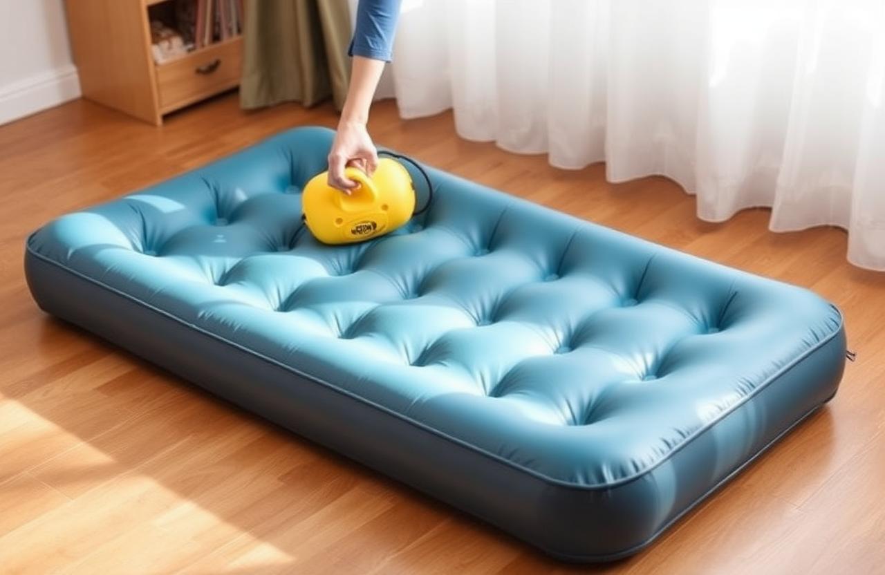 Kompaktes Reise-Luftbett für Kinder wird mit Handpumpe auf einem Holzboden aufgepumpt