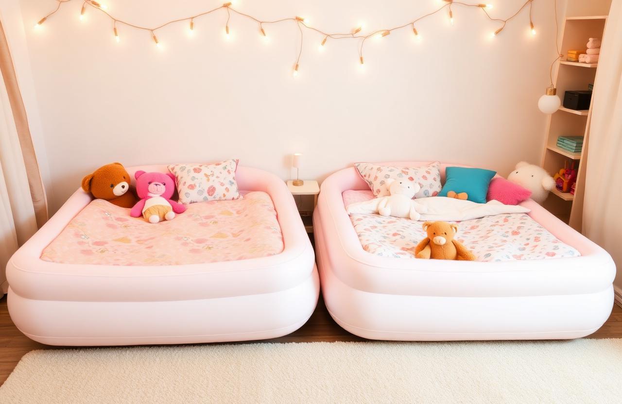 Zwei separate Kinder-Luftbetten nebeneinander mit Kuscheltieren, weichen Decken und warmer Lichterkette
