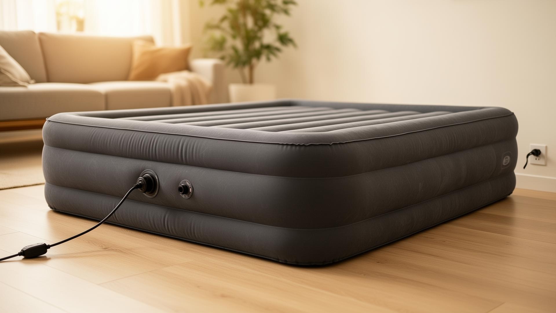 Elektrische Luftpumpe pumpt ein Luftbett auf, Ventil mit aufgestecktem Adapter in Nahaufnahme