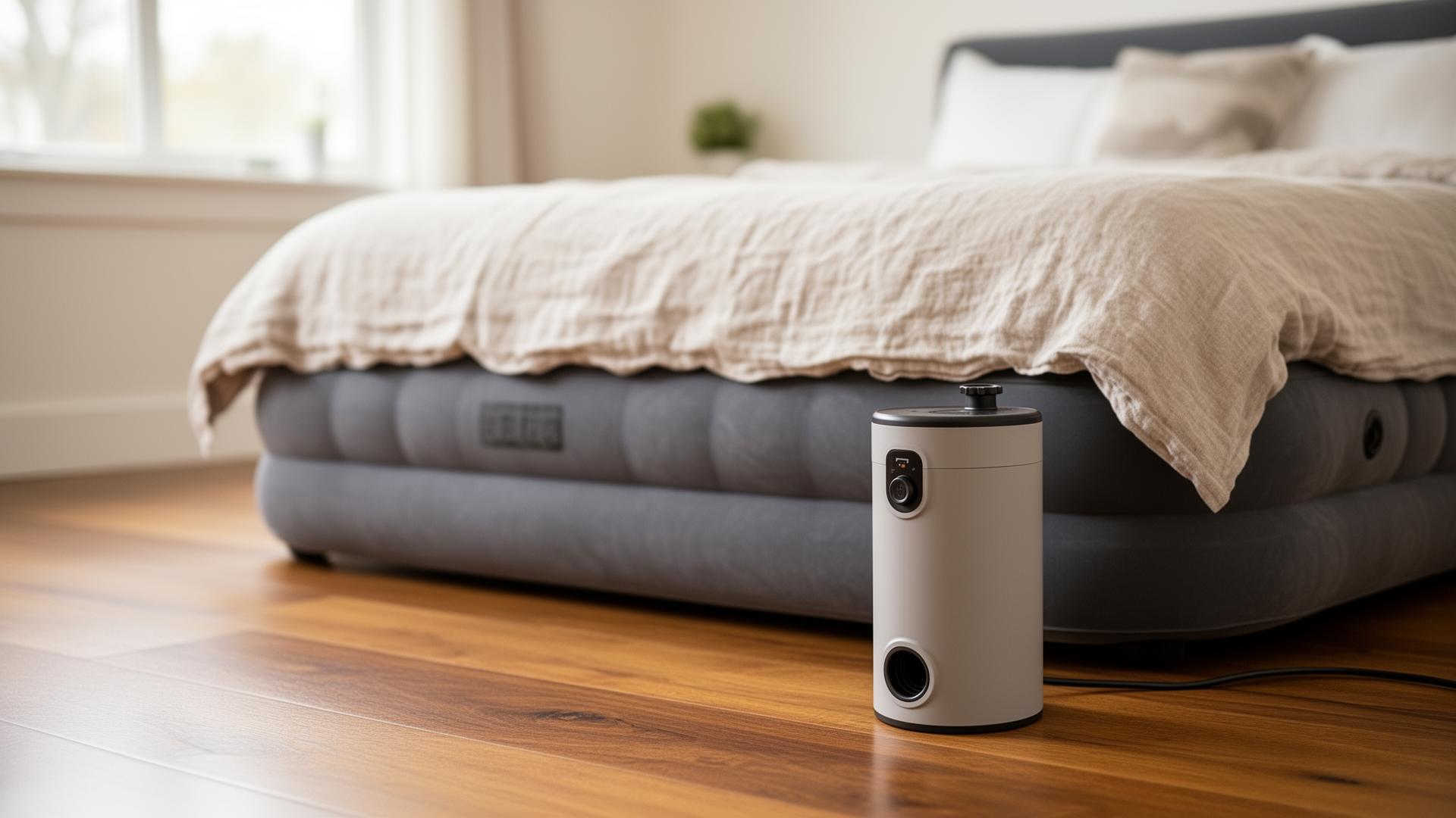 Elektrische Luftpumpe pumpt ein Doppel-Luftbett auf, daneben liegen Adapter für verschiedene Ventiltypen
