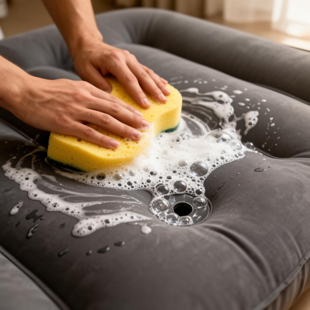 Aufsicht auf ein graues Luftbett mit Seifenschaum, der über einem Leck kleine Bläschen bildet