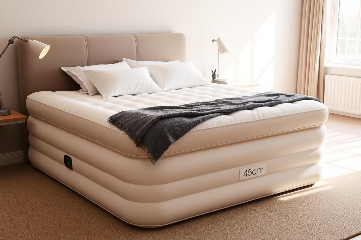 Aufgebautes Luxus-Luftbett mit 45 cm Höhe, weißer Bettwäsche und Wolldecke in einem hellen Gästezimmer