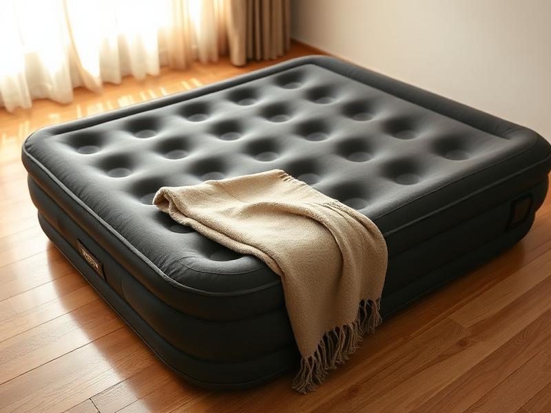 Luftbett mit Wolldecke als Unterlage auf Parkettboden