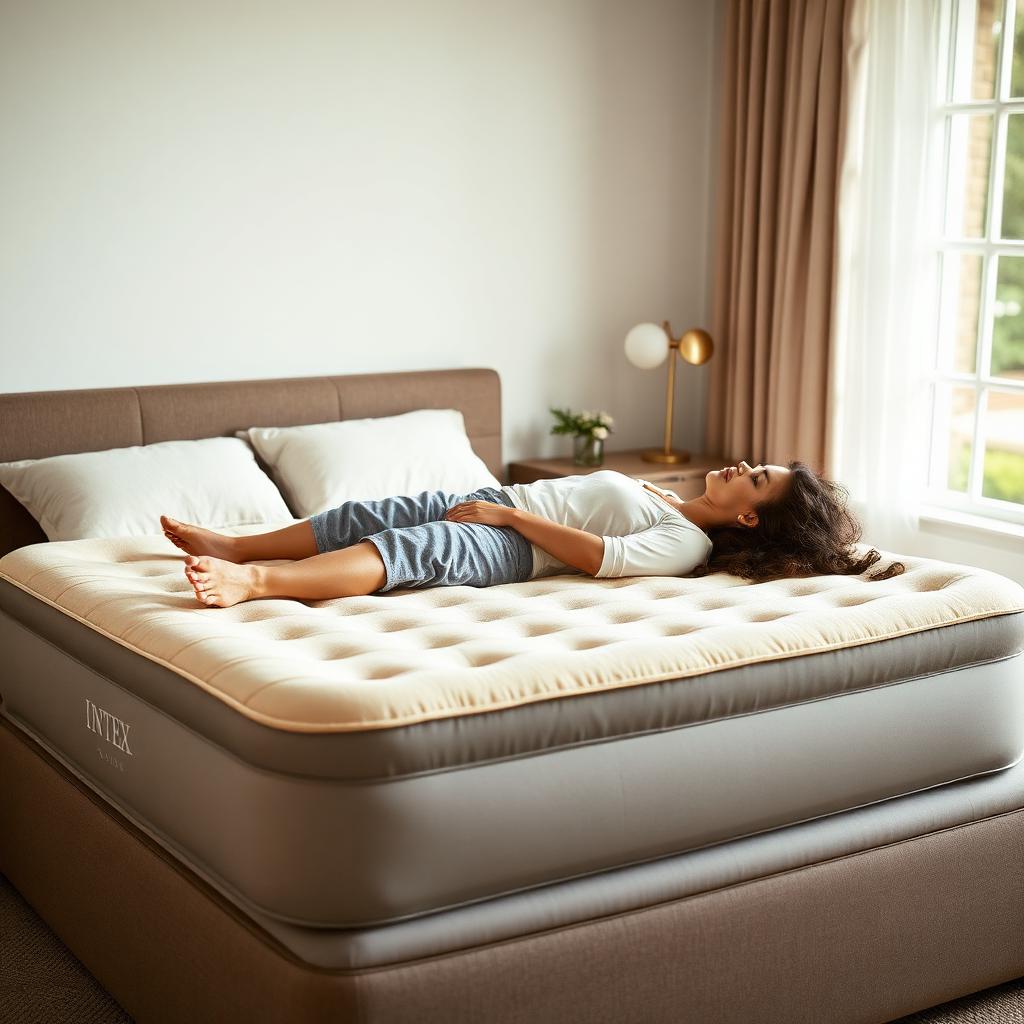 Erwachsene Person liegt auf dem aufgepumpten Intex Comfort Plush Luftbett in einem hellen Gästezimmer, weiches Plüsch-Top sichtbar