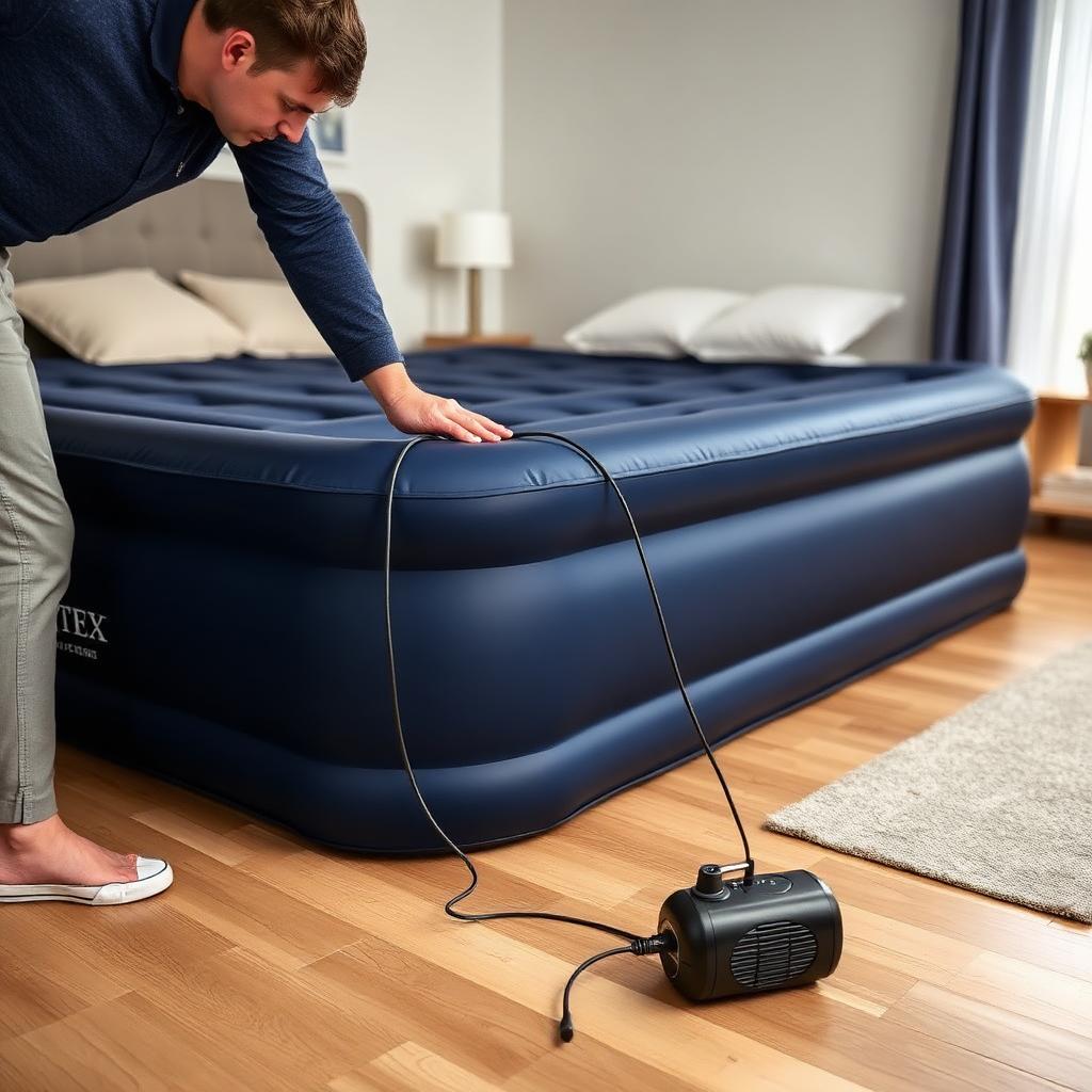 Person pumpt Intex Dura-Beam Luftbett mit externer 230V-Elektropumpe im Schlafzimmer auf