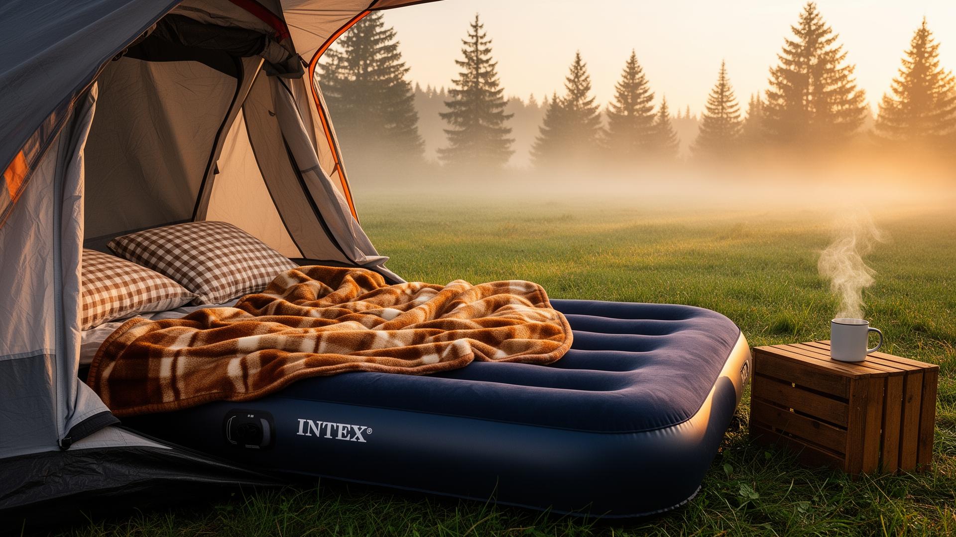 Aufgeblasenes dunkelblaues Intex Luftbett im Zelt bei Sonnenaufgang, daneben dampfender Kaffeebecher auf einer Holzkiste auf nebliger Wiese vor Wald.
