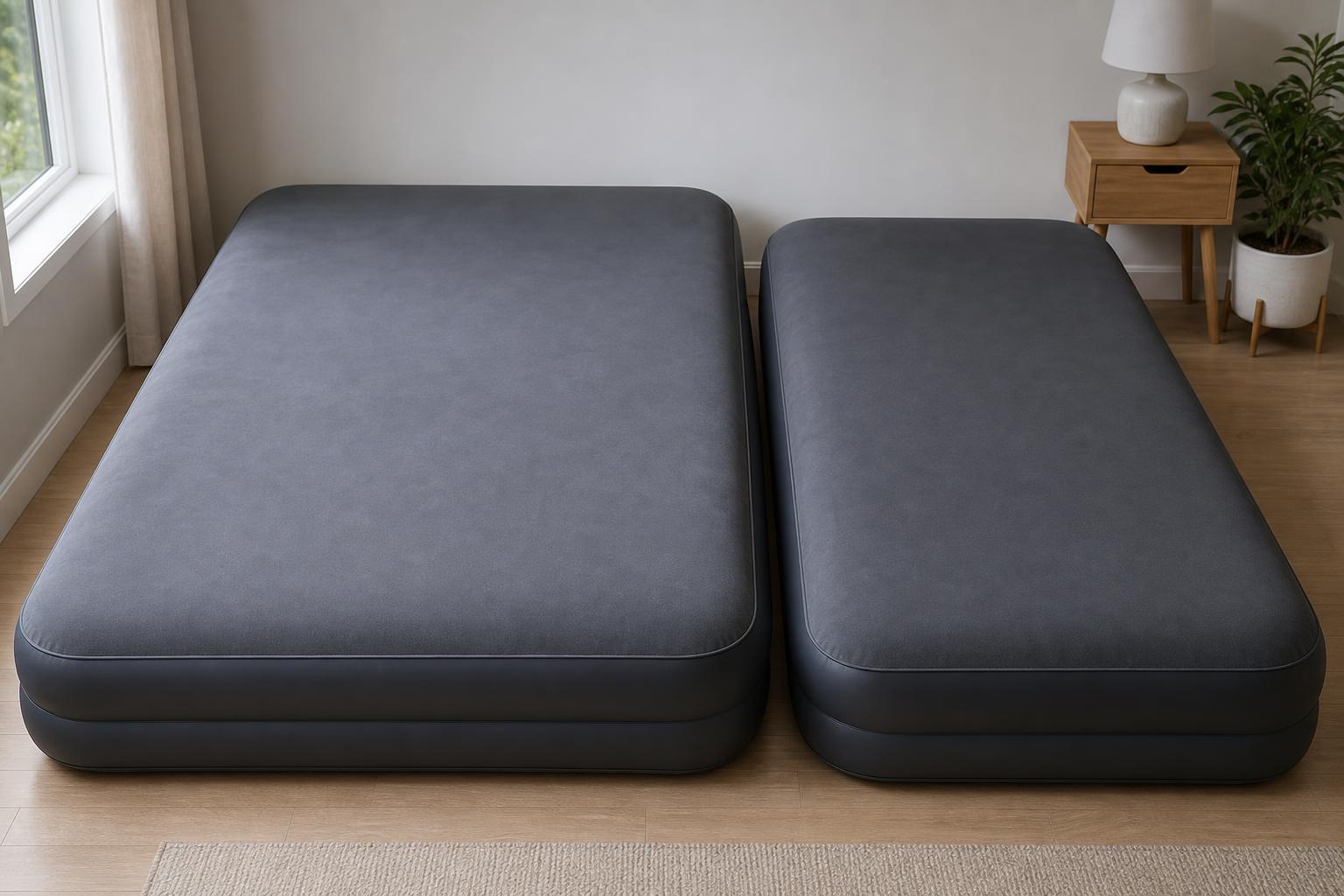 Drei Intex Pillow Rest Varianten Twin Queen und King nebeneinander auf einem Wohnzimmerboden ausgerollt