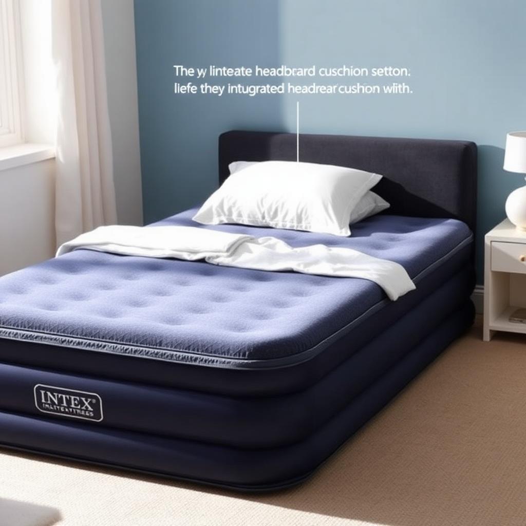 Seitenansicht eines aufgepumpten Intex Pillow Rest Raised Luftbetts mit deutlich erhöhtem integrierten Kopfteil im Schlafzimmer