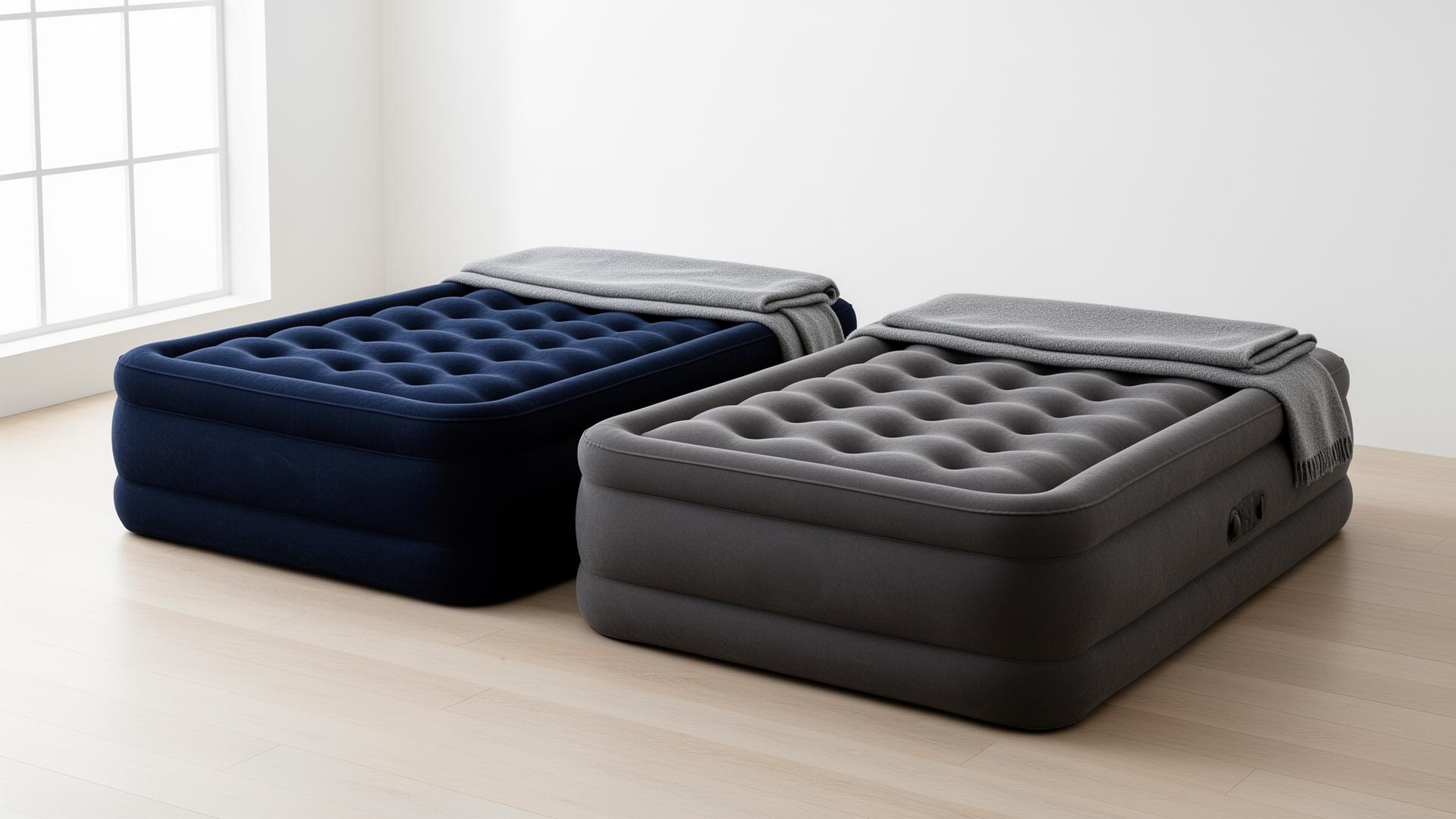 Zwei aufgepumpte Doppel-Luftbetten nebeneinander in einem hellen Studio, links ein dunkelblaues beflocktes Intex-ähnliches Modell, rechts ein graues Tritech-ähnliches Bestway-Modell, beide mit grauer Decke und Tageslicht von links.