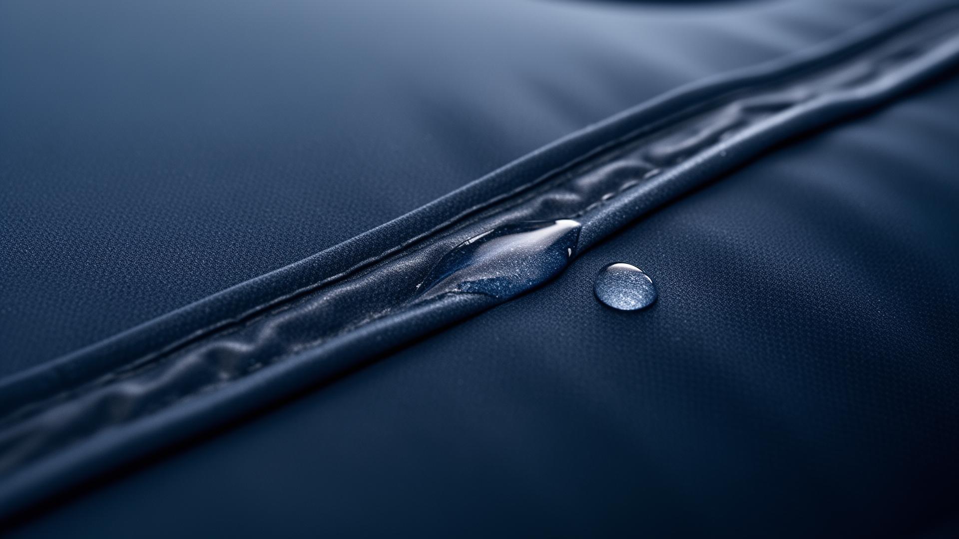 Makro-Detail einer geschweißten dunkelblauen Luftbett-Naht mit zwei abperlenden Wassertropfen, die Material und Versiegelungsqualität sichtbar machen